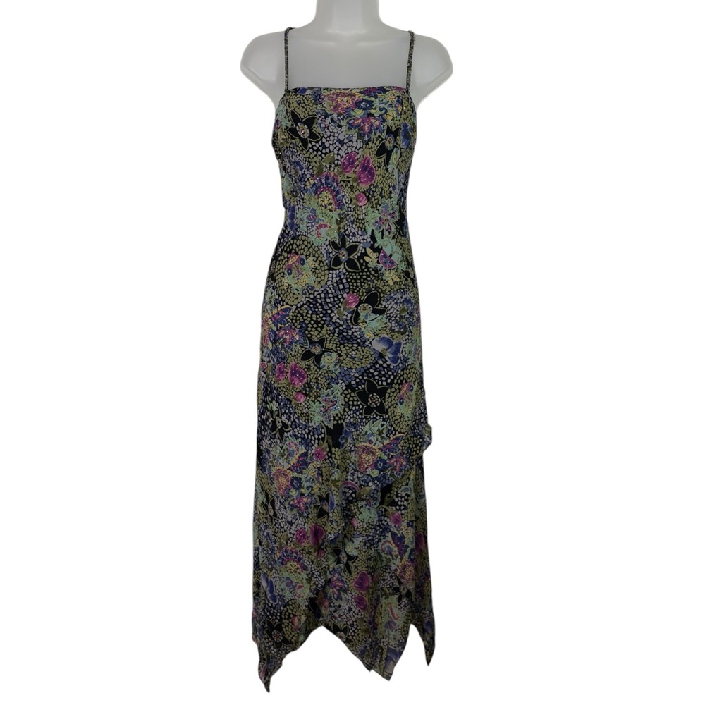 Eva Blue Y2K Dark Floral Beaded Asymmetrical Hem Midi/Maxi Gown Dress 10 Whimsy